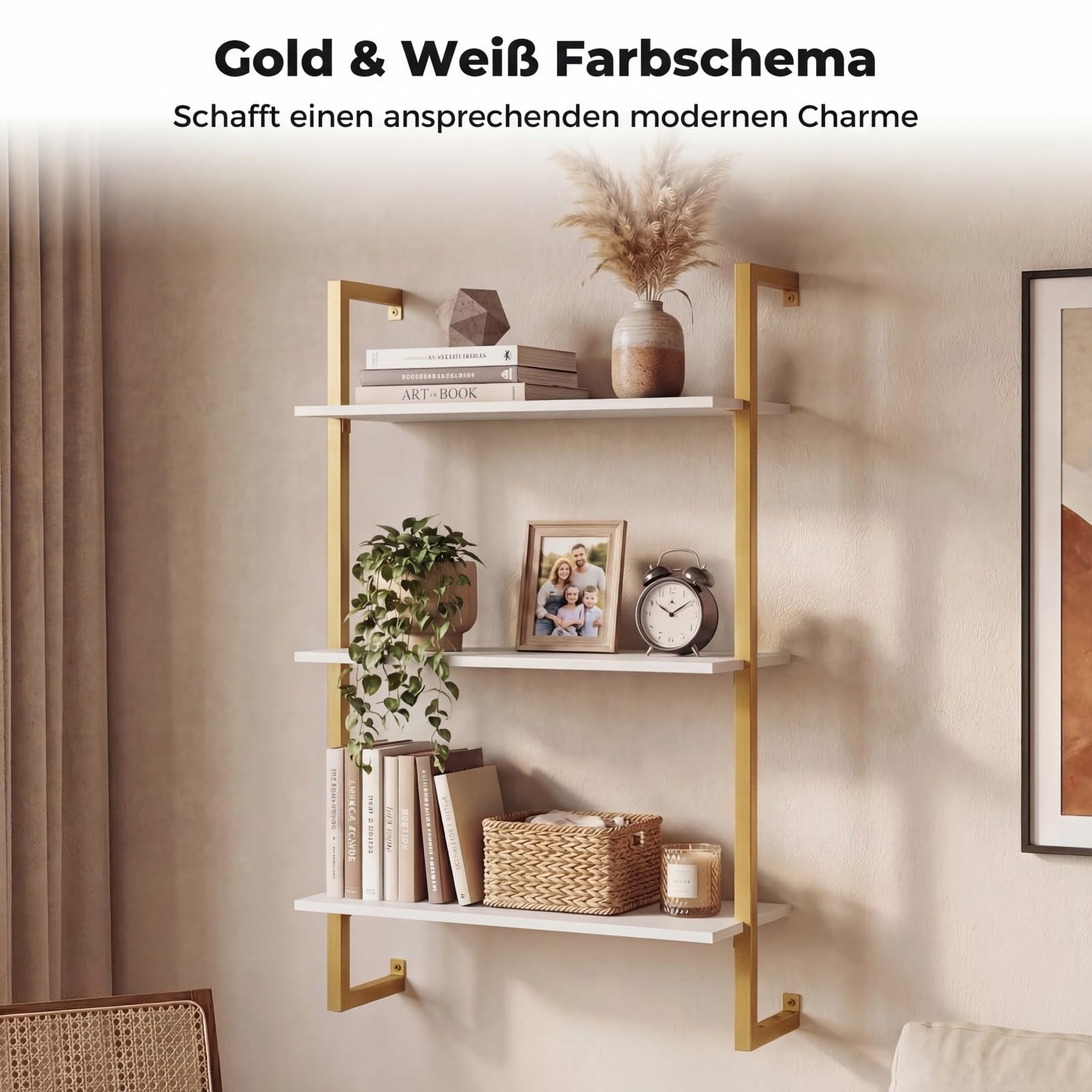 COSTWAY 3 stufiges Wandregal, Küchenregal mit Metallrahmen Lagerregal, schwebendes Bücherregal, Holzregal Schweberegal Hängeregal für Wohnzimmer, Büro & Küche, 53 x 23 x 90 cm (Weiß)