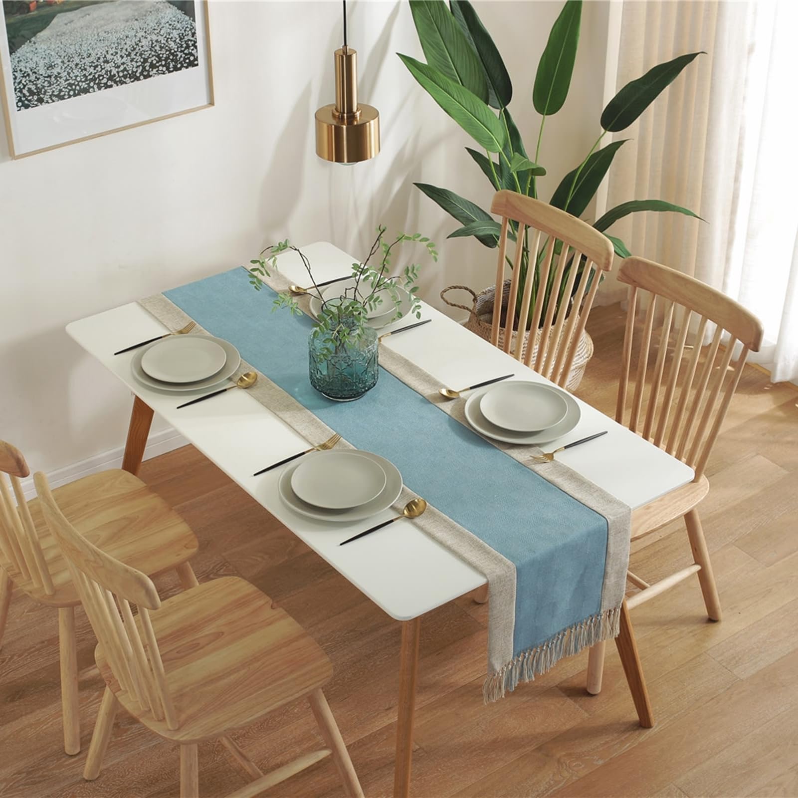Tischläufer Polyester Landhausstil, Tischläufer Modern 38x180 cm, Zweifarbig Leinenoptik mit Quasten