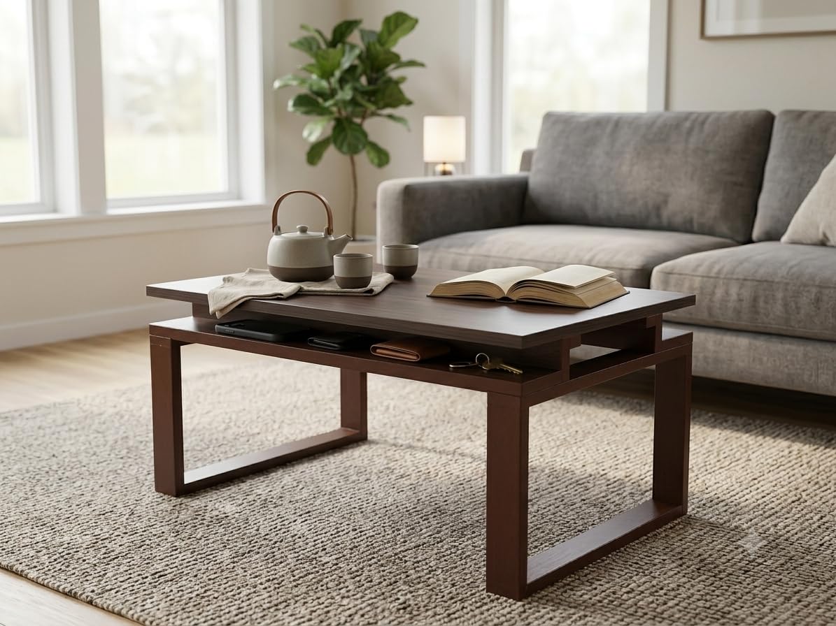 Plywood Teapoy Center Table for Living Room | Modern Floating Top Coffee Table with Open Storage | Rectangular Tea Table (880x500x395mm) (Finish: Dark Brown)-image-21