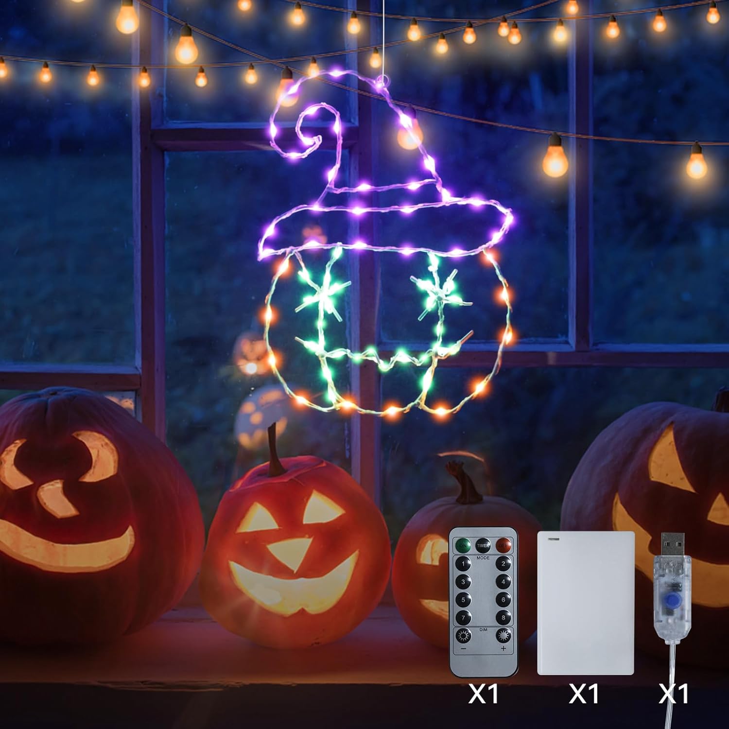 Halloween Window Decoration Lights 1 Pack, Pumpkin with Purple Witch Hat String Lights, USB or Battery Powered Indoor Decor, 8 Modes Remote Control with Timer, Outdoor Curtain Lights for Party