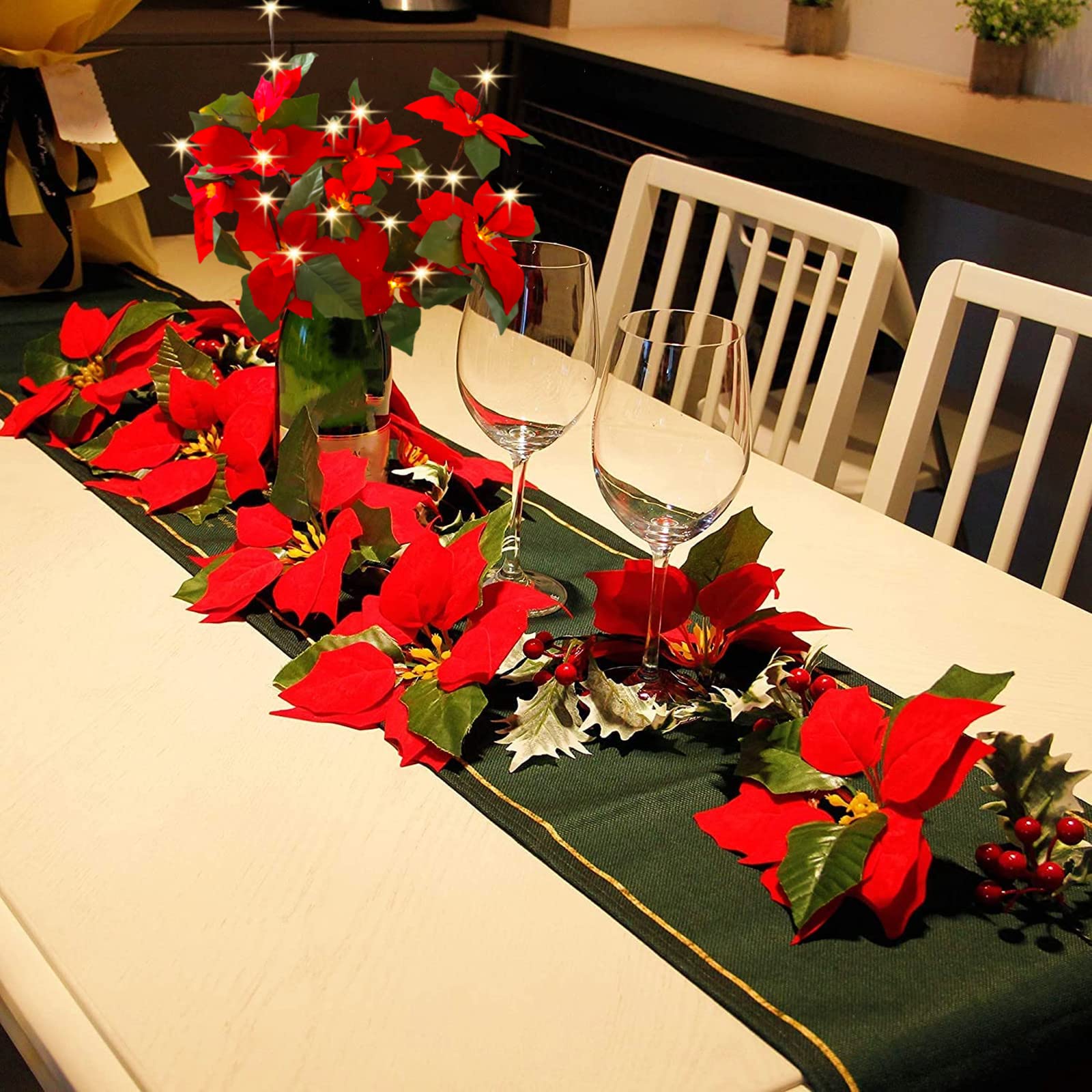 Lot de 2 branches de poinsettia à LED à piles - Branche florale artificielle - Petite brindille - Marron - 76,2 cm - 20 LED pour décoration romantique de la maison (Poinsettia rouge)