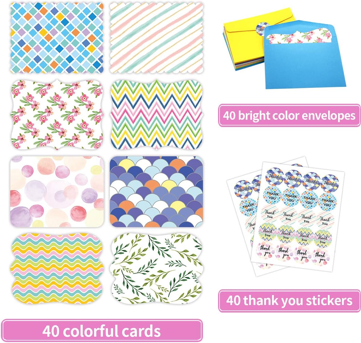 FANCY LAND 40 Single Panel Blank Cards with Envelopes Bright Pattern Watercolor Colorful Greeting Note Cards Office School Home Kids