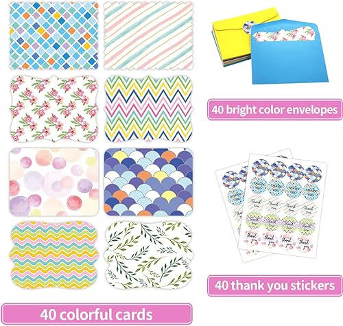 Miniatura 2 de Fancy Land 40 tarjetas en blanco de un solo panel con sobres, patrón brillante, acuarela, colorido, tarjetas de felicitación, oficina, escuela,