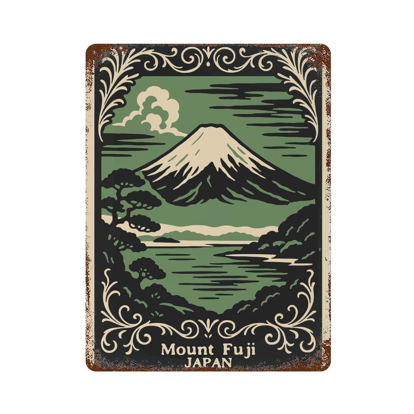 Mount Fuji Japan Art Print Weathered Tin Sign 15.7"x11.8", Classic Wall Plaque for Garage, Bar And Workshop Decor