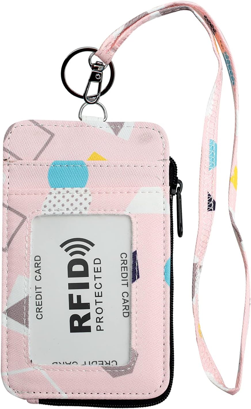 ID Badge Holder, RFID Blocking ID/Credit Holder Fashion Badge Card Holder Wallet with Lanyard & 1 Clear ID Window & 3 Credit Card Slot & 1 Zipper Pocket for School, Office - 5