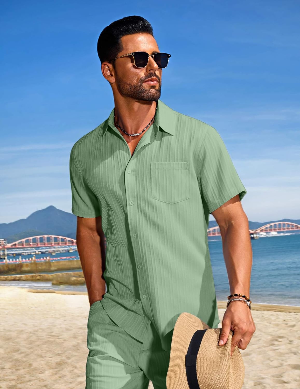 COOFANDY Mens Beach Outfits 2 Piece Sets Casual Short Sleeve Button Down Summer Textured Shirt - Image 4