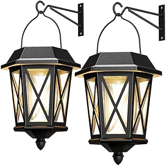 Solar Wall Lantern Lights 2 Pack,Outdoor Hanging Solar Lights Decoration,Anti-Rust & Waterproof Stainless Wall Lights,Powder Coat Black + UV Protection with Glass Lampshade,3000K Warm
