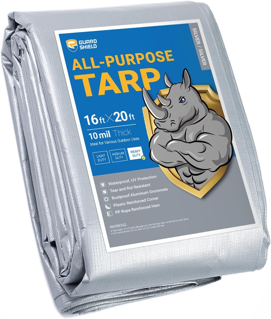 GUARD SHIELD Heavy Duty Tarp 16x20 Feet Silver Multi Purpose Thick Waterproof Poly Tarp Cover 10mil Silver 16x20