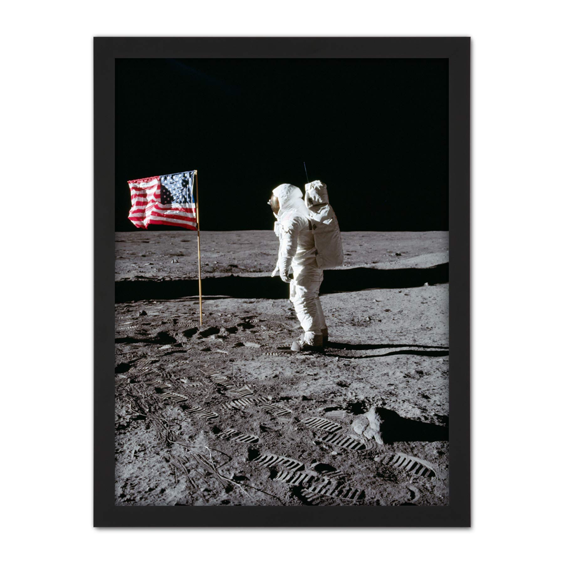 Space NASA Apollo 11 Aldrin Salutes US Flag Moon Photo Artwork Framed Wall Art Print 18X24 Inch