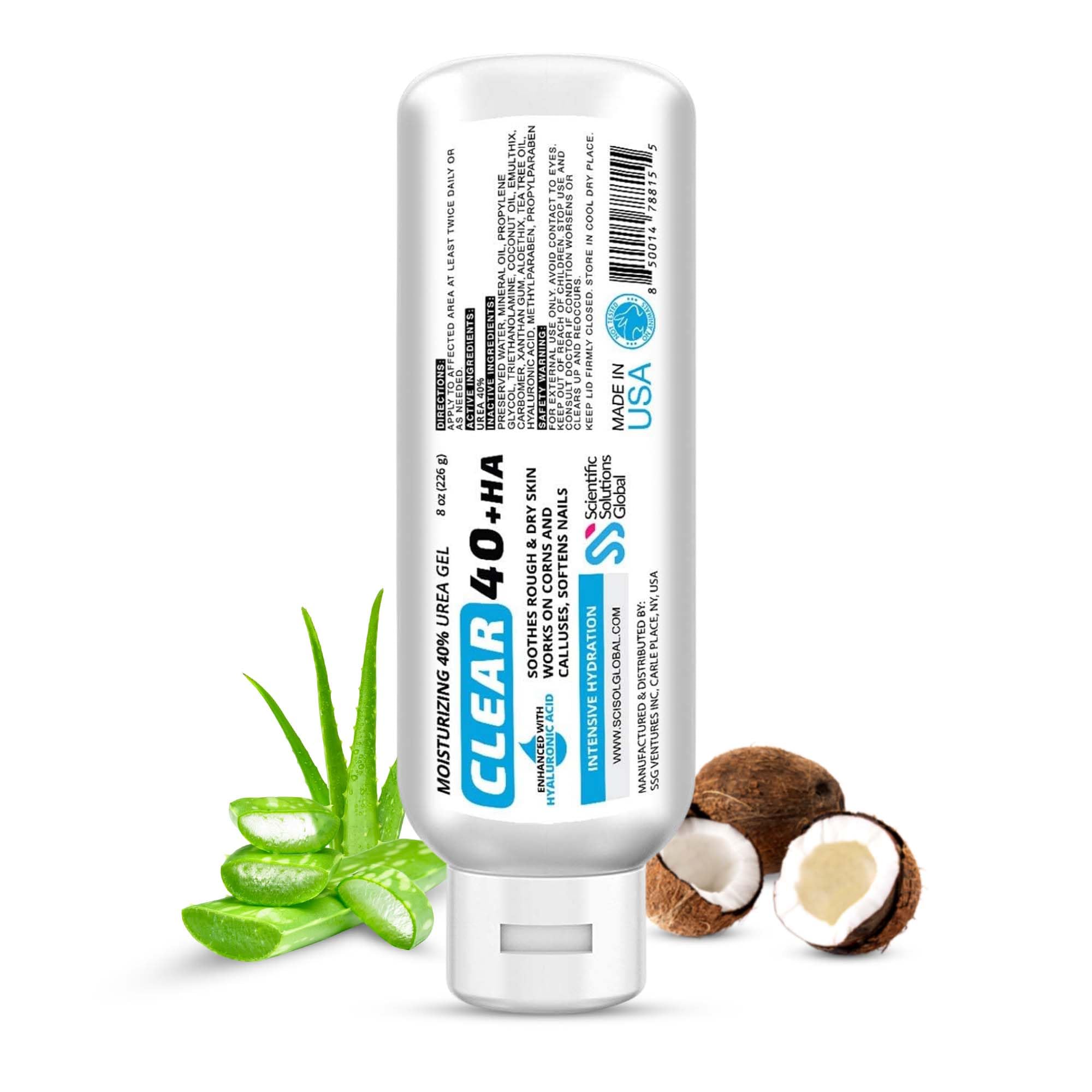 CLEAR 40 HA, 40% Urea Gel, 1% Hyaluronic Acid, 4 oz w/ Tea Tree & Coconut Oil, Aloe Vera, Callus & Corn Remover Softens Cracked Heels, Feet, Elbows,