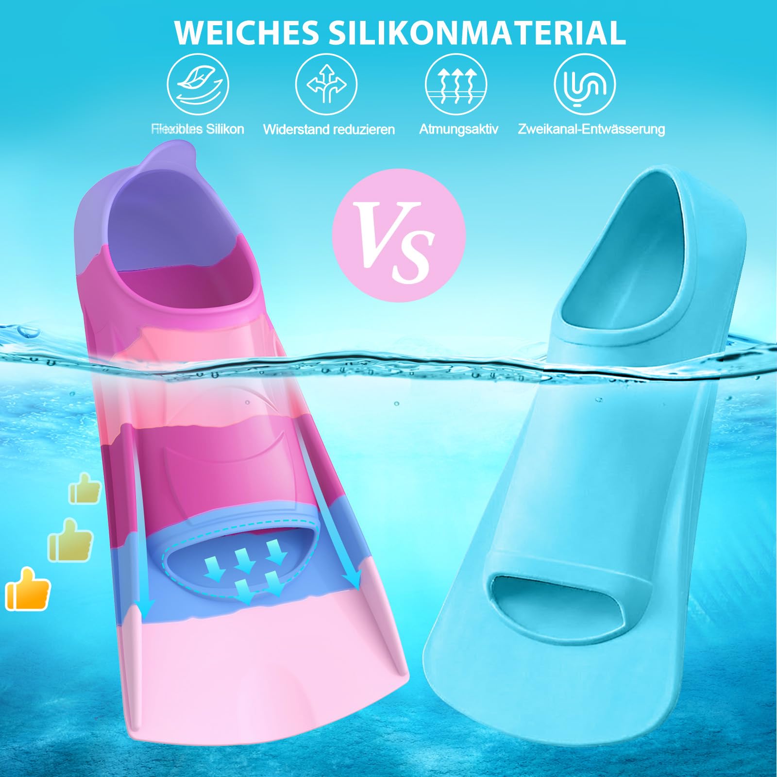 QcoQce Schwimmflossen Kinder, 100% Silikon Kinder flossen und Kurzflossen zum Schnorcheln, Tauchen, Training und für den Urlaub, in praktischer Reisegröße mit Netzbeutel für Pool und Strand.
