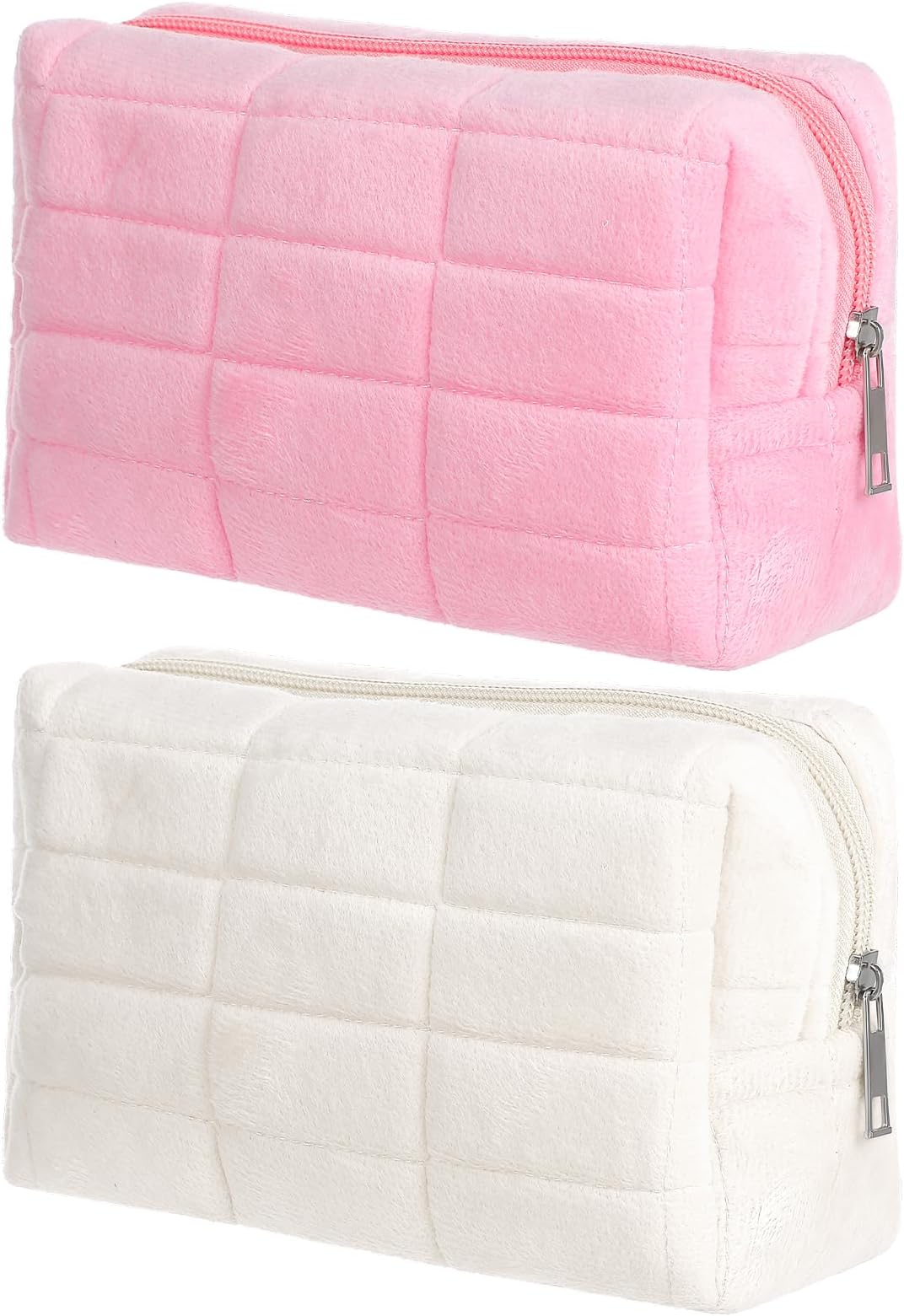 2PCS Cute Makeup Bag Small,Plush Small Make Up Pouches, Plaid Smalls Makeup Bag for Travel, Used to Hold Lipstick, Makeups Brushes, Eye Shadow or Skin Care Products, White, Pink