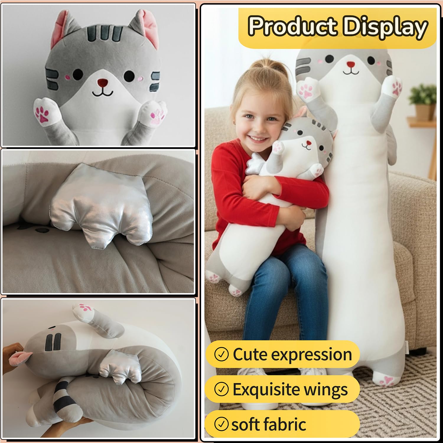 ZOMAXTOY Long Cat Plush Pillow with Wings Soft Kitty Stuffed Animal Toy Giant Cuddly Kitten Cushion for Kids Adults Bedroom Decor (Gray - Image 3