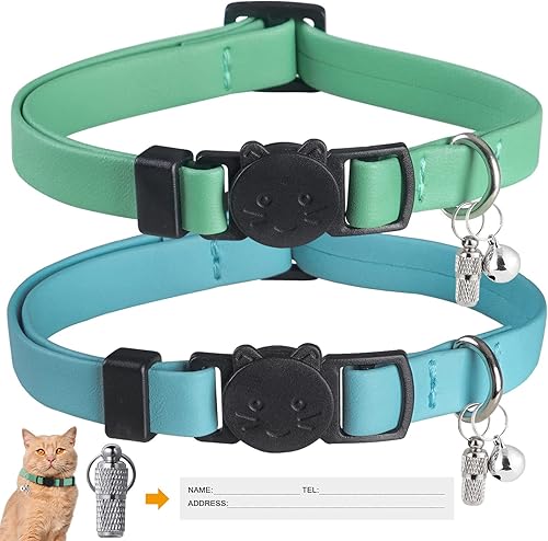 WROSWT Upgrade Breakaway Cat Collar with Bells, Soft Leather Kitten Collars with Name Tag,Safety Adjustable Buckle,Lightweight,Ideal for Girl Boy