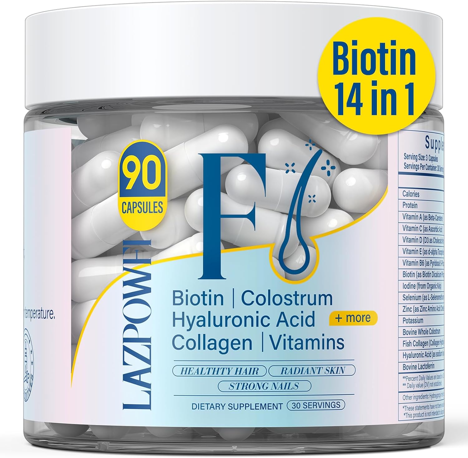 Hair Skin and Nails Vitamins, Biotin with Bovine Colostrum, Collagen, Hyaluronic Acid, Bovine Lactoferrin & Vitamin A, B6, C, D, E, Supports Hair & Nails Growth for Men and Women(90 Capsule) Hair Skin and Nails Vitamins, Biotin with Bovine Colostrum, Collagen, Hyaluronic Acid, Bovine Lactoferrin & Vitamin A, B6, C, D, E, Supports Hair & Nails Growth for Men and Women(90 Capsule)