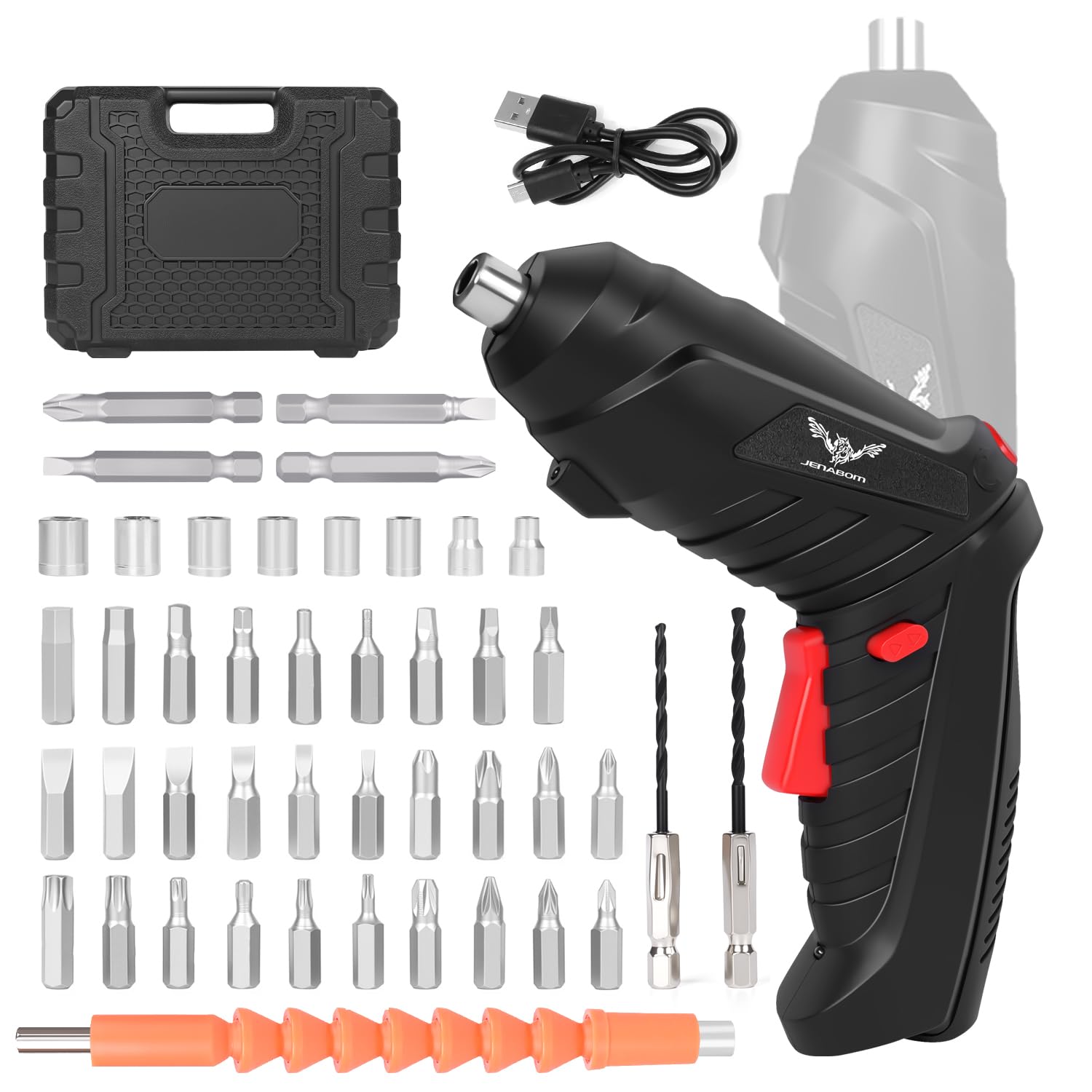 JENABOM Electric Screwdriver Cordless, Electric Screwdriver Kit with 45 Accessories, 3.6V/1300mAh Rechargeable Power Drill Driver, with USB Cable LED Light for Home Office DIY