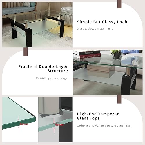 Miniatura 5 de Juego de 2 mesas auxiliares de cristal, mesa de cristal pequeña, mesa auxiliar negra con parte superior de vidrio templado, marco de metal, para