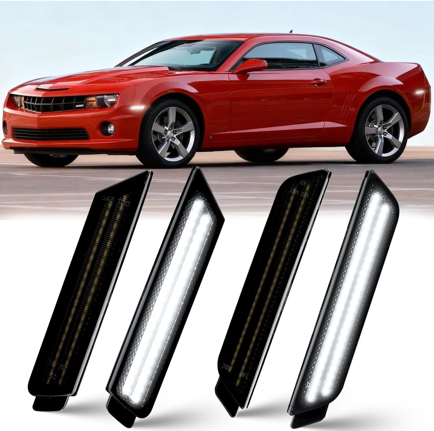 NoxiAnto LED Side Marker Lights for Chevy Camaro 2010-2015, 5th Gen Full LED White Front & Rear Bumper Marker Lamps Smoked Lens, Pack of 4