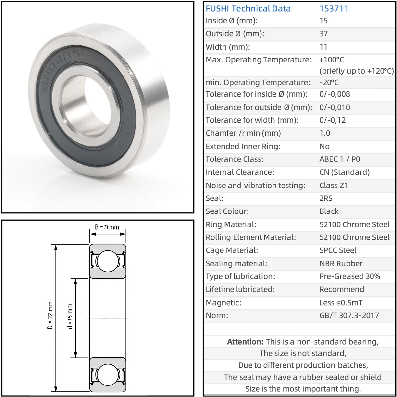 AGJPXFR 153711 Roulement à Billes Non Standard 1 Pièce 15 X 37 X 11 Mm Roulement à Billes à Rainure Profonde Double étanchéité