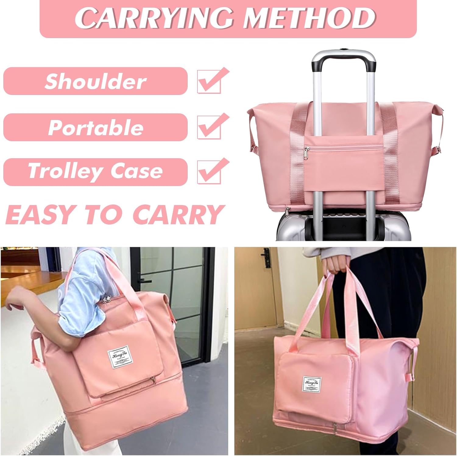 Travel Bag for Women Expandable Weekender Overnight Bag Carry on Sports Tote Gym Bag Waterproof Foldable Duffel Bag (Pink) - Image 7