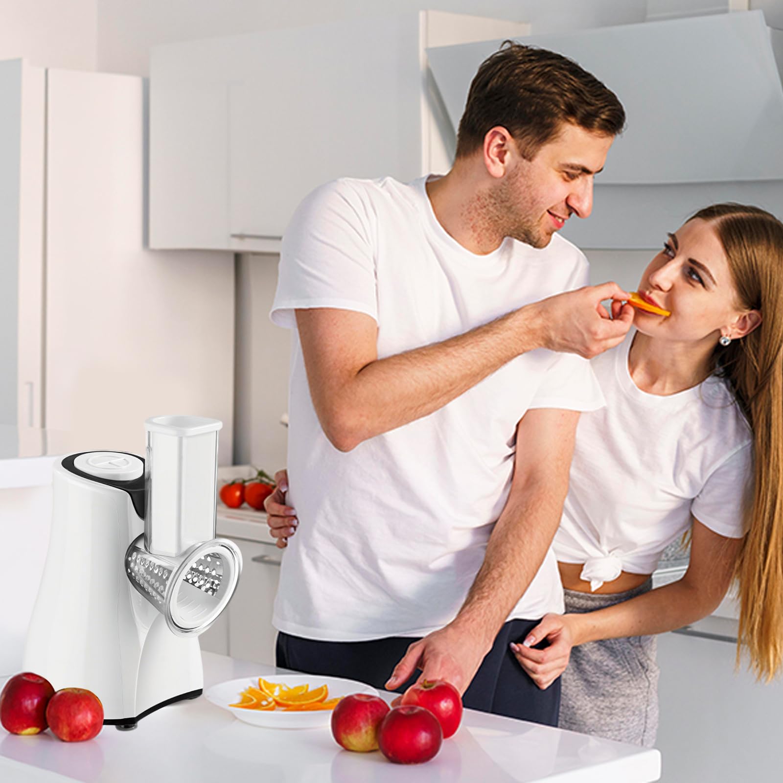 Recortador de verduras eléctrico 5 en 1,800 W, retocadora de verduras con 5 cuchillas Tambor intercambiables,Picadora eléctrica para queso,Zanahorias,Frutas,Patatata,Pepinos (blanco)