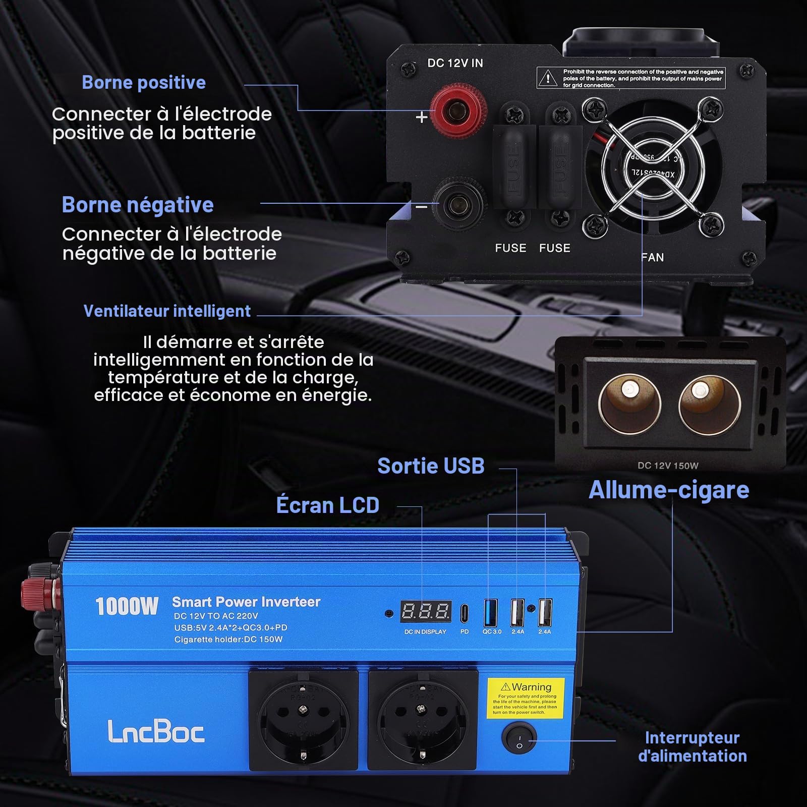 Inverter 12v 220v 1000W Inverter Trasformatore | Caricatore per Auto 2 Alimentazione Standard Europen 4 Porte di Ricarica (1 Chargeur Rapide QC3.0, 1 PD, 2 USB Porte 2.4A)