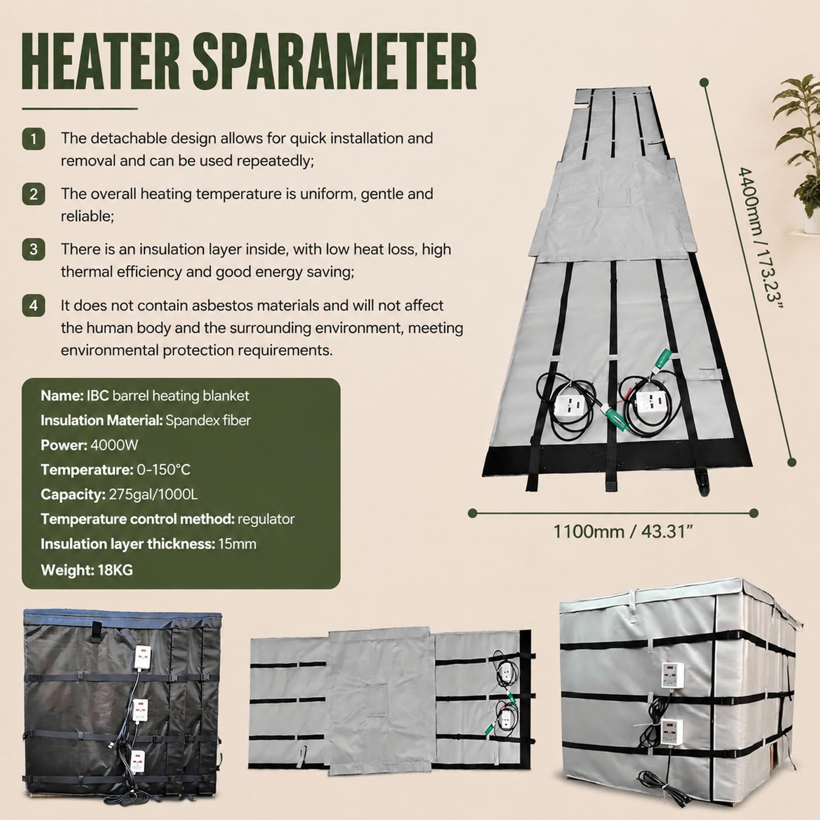 IBC-Fassheizung, elektrische Ölfass-Heizmaschine, mit 0~150℃ Temperaturregler, für Ölfässer, Rohre, Kunststofftank Black-275Gallon/1000L