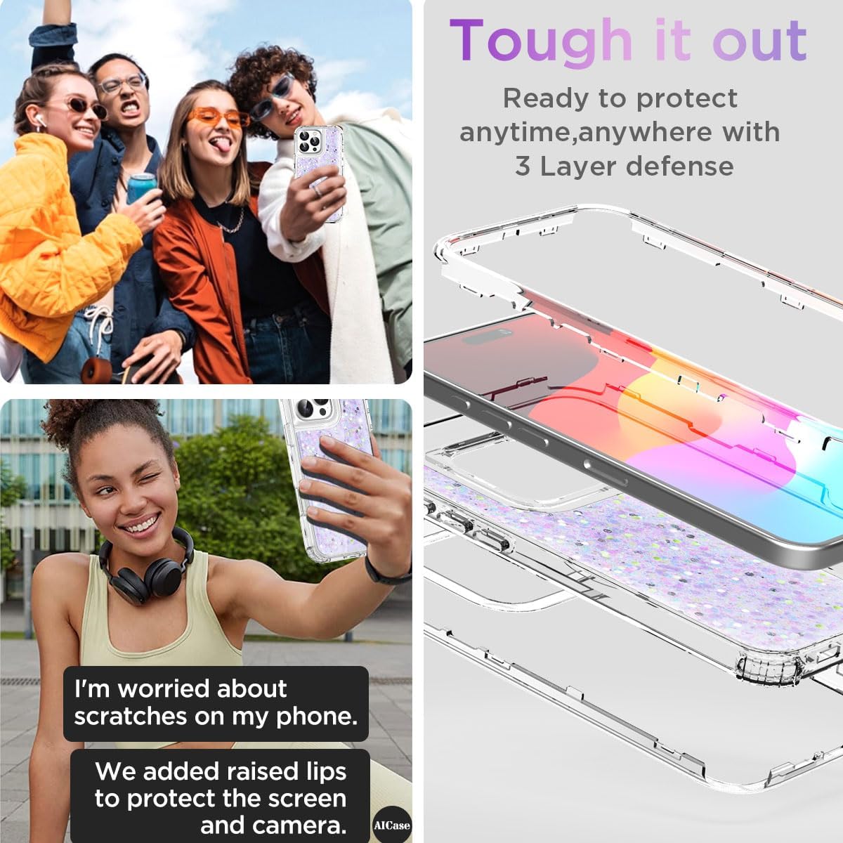 AICase for iPhone 16 Pro Max Case Bling Glitter for Women Girls Cute Shiny Sparkle,3 in 1 Heavy Duty Durable 3-Layer Military Grade Shockproof/DropProof Protective Cover for iPhone 16 Pro Max 6.9"_2 - Image 3