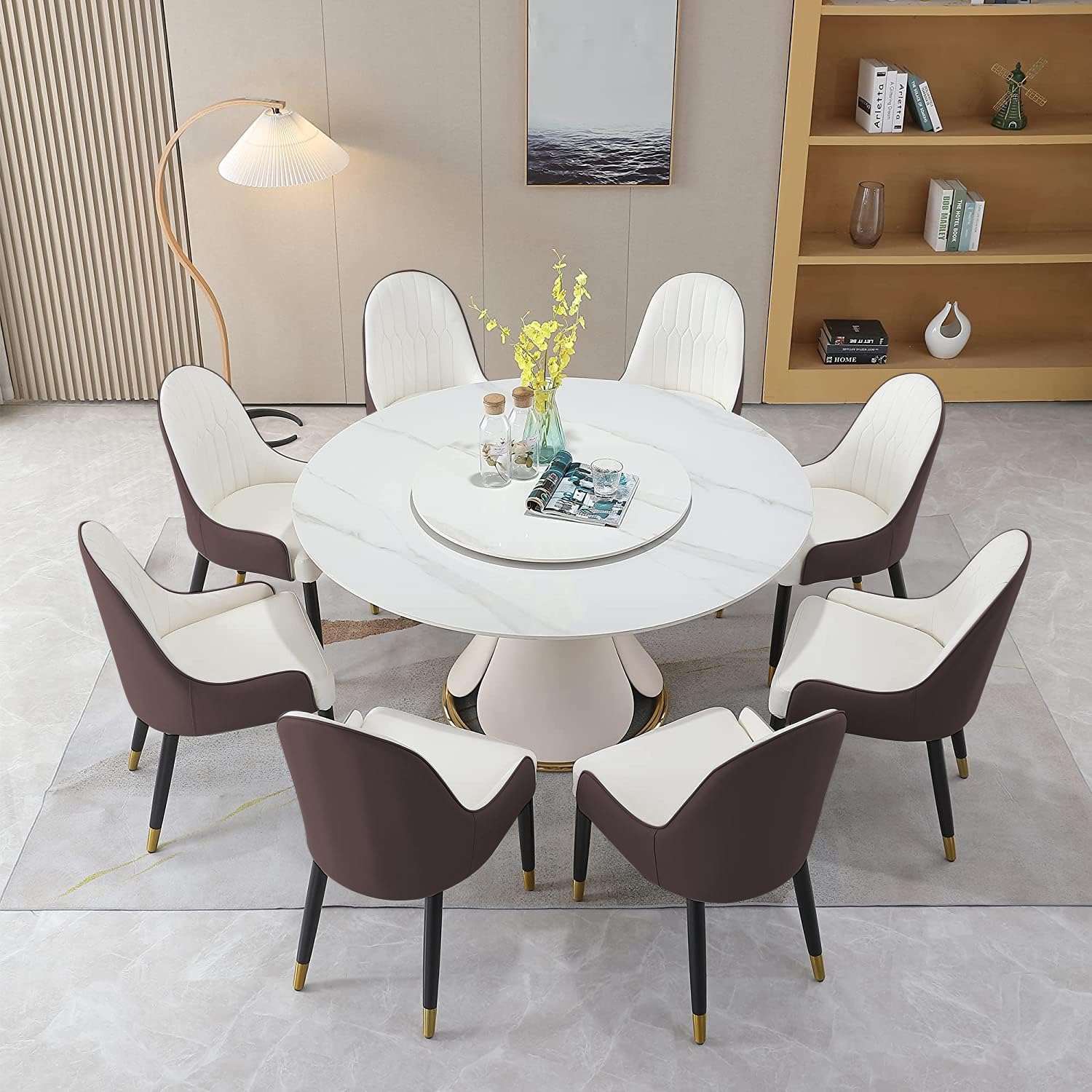 9 Piece Dining Table Set, 59" Round Dining Table Set for 8, Modern Marble Dining Tables Sintered Stone Table with 8 Brown Dining Chairs