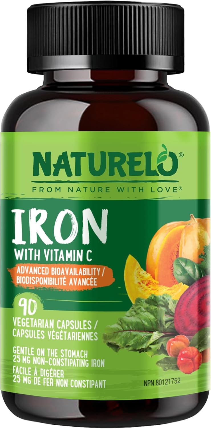 NATURELO Vegan Iron Supplement with Vitamin C and Organic Whole Foods, 90 Capsules, Gentle Iron Capsules for Women & Men with this Mineral Deficiency - Including Pregnancy, Anemia and Vegan Diets