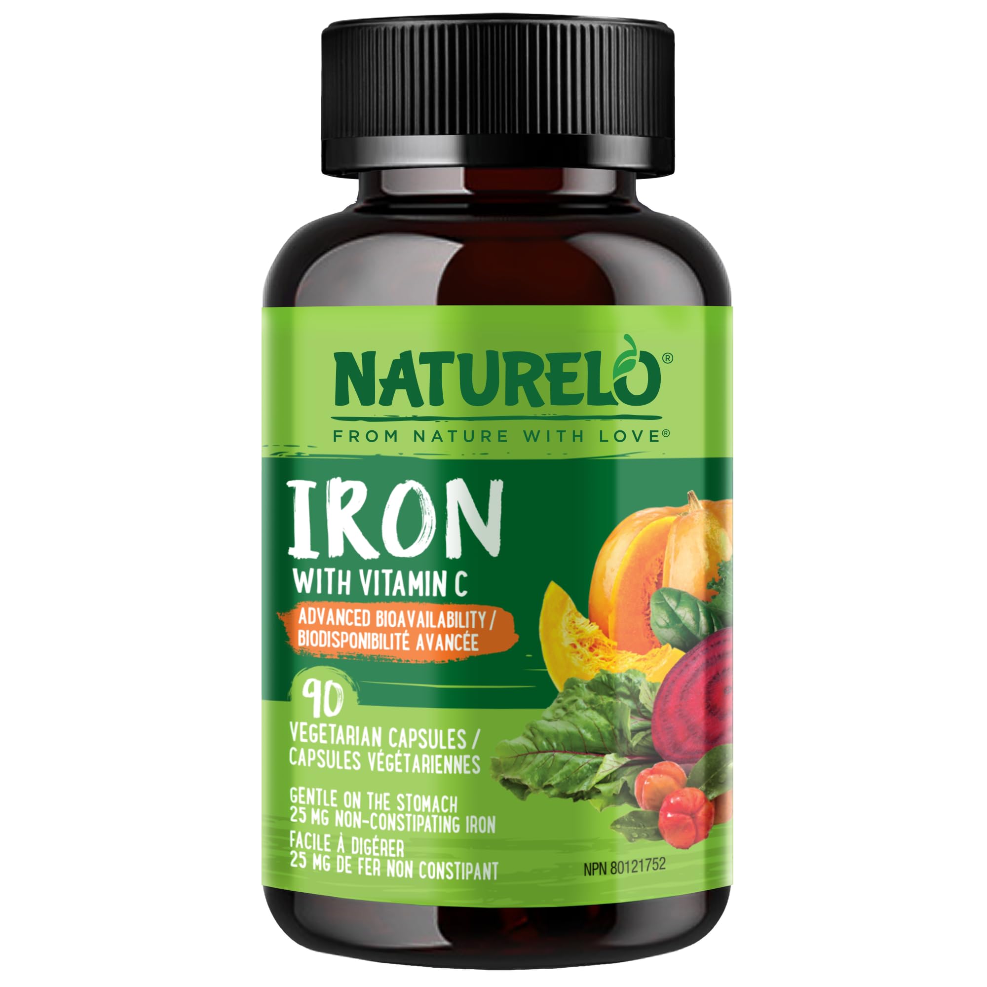 Vegan iron supplement with vitamin C and organic whole foods.