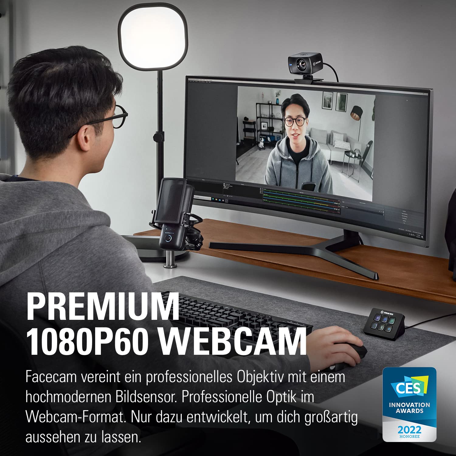 Elgato Facecam - Full-HD-Webcam (1080p60) für Streaming, Gaming, Videokonferenzen, Sony-Sensor, fortgeschrittene Lichtkorrektur, Bedienung wie bei einer DSLR, für OBS, Zoom, Teams und mehr, für PC/Mac