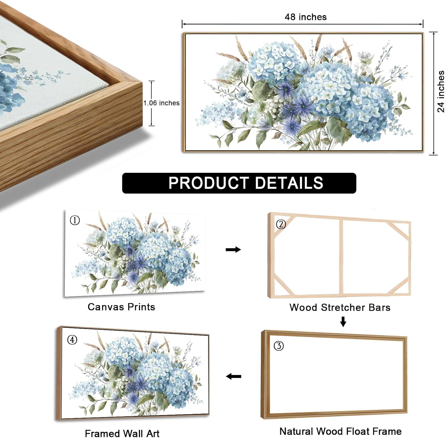 Framed Floral Wall Art Abstract Grey Cream White Grass Flowers Canvas Pictures Modern Landscape Painting Botanical Artwork for Living Room Bedroom Kitchen Office Wall Decor Ready to Hang 20 x 40