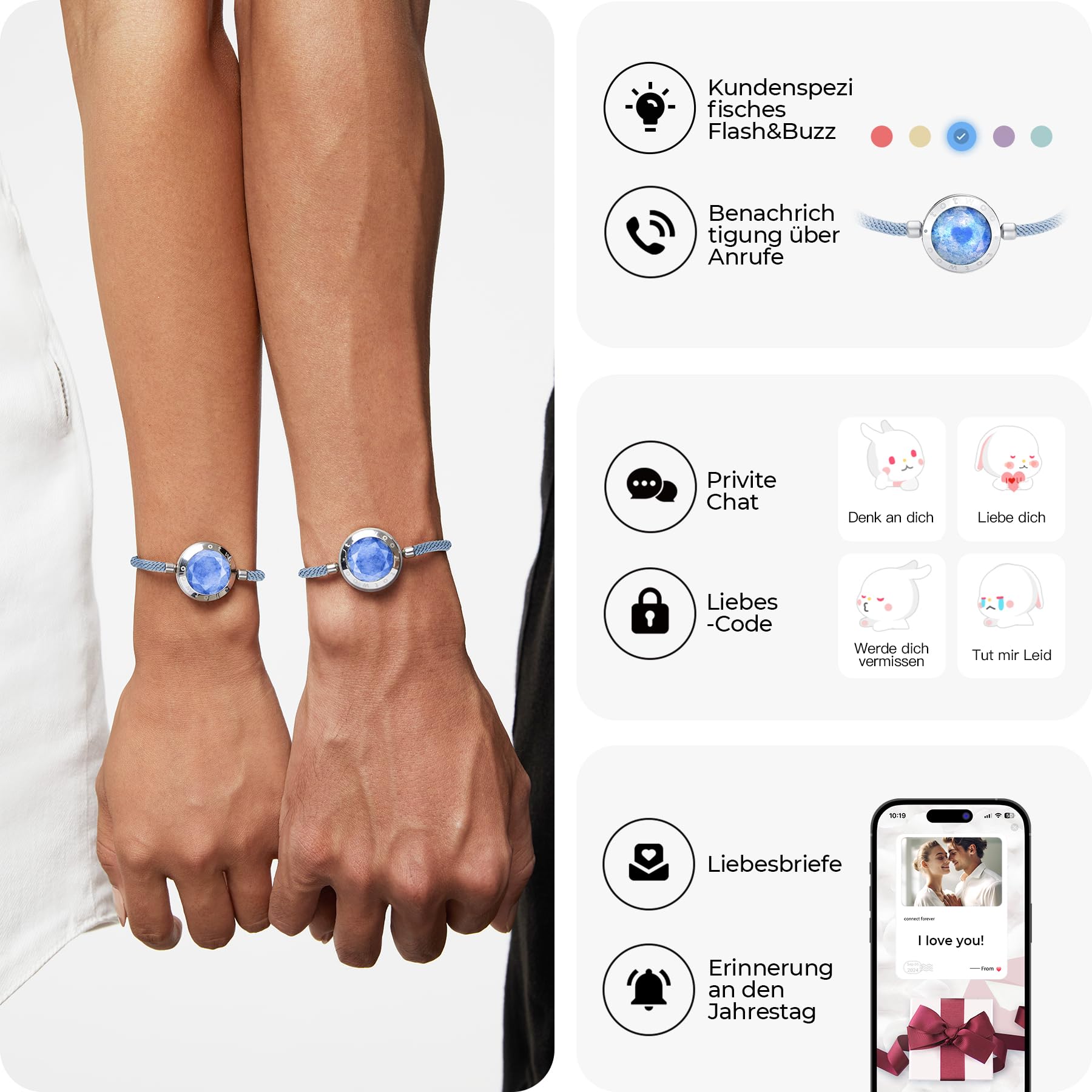 TOTWOO Bracciali per Coppie con Collegamento Bluetooth Uno a Uno tramite App, Luci e Vibrazione al Tocco – Regalo Romantico per San Valentino e Relazioni a Distanza in Acciaio Inossidabile 316L