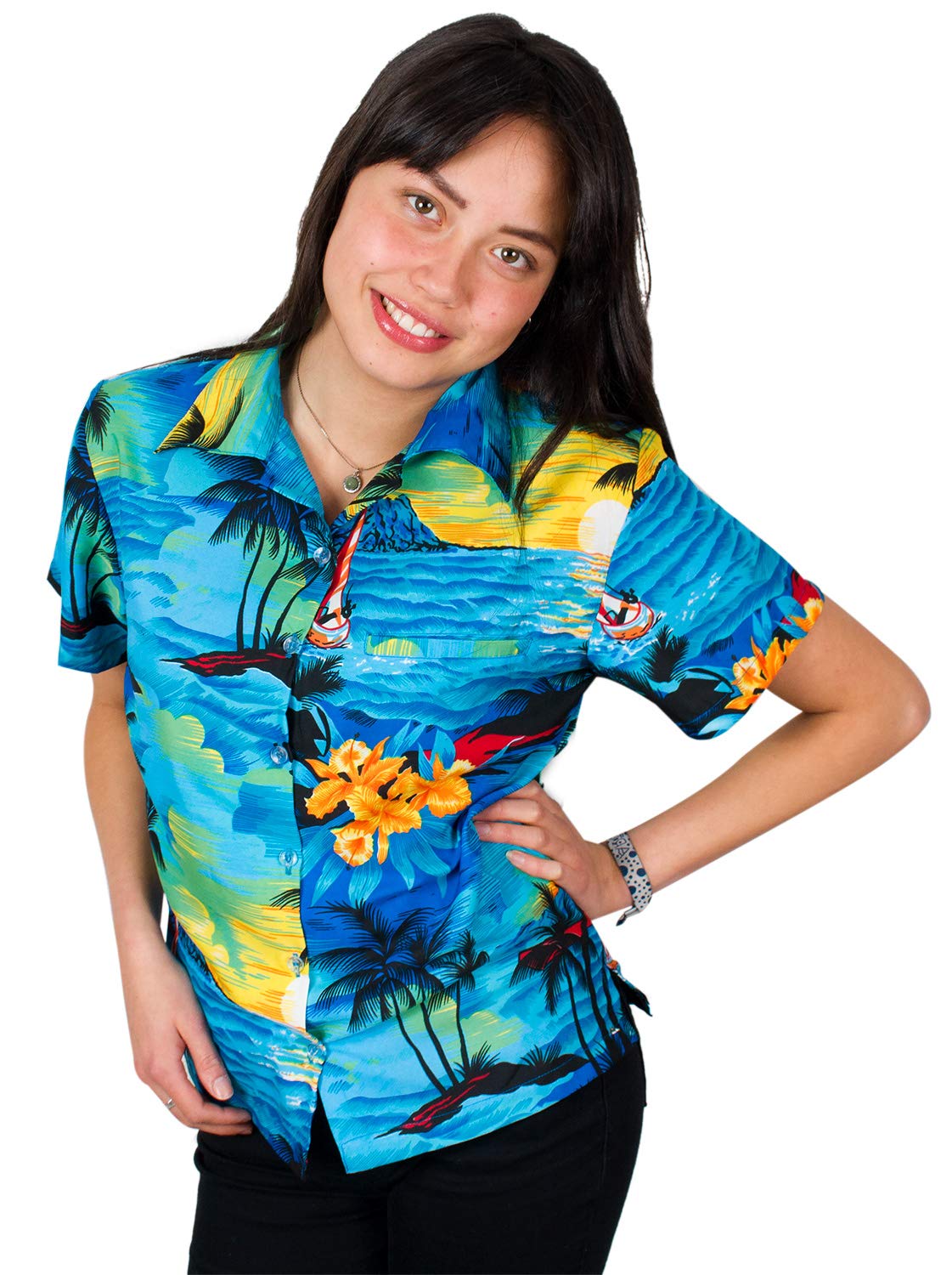 King Kameha Women's Surf Turquoise Funky Hawaiian Blouse Shirt, Shortsleeve, Surf, Turquoise, 6XL