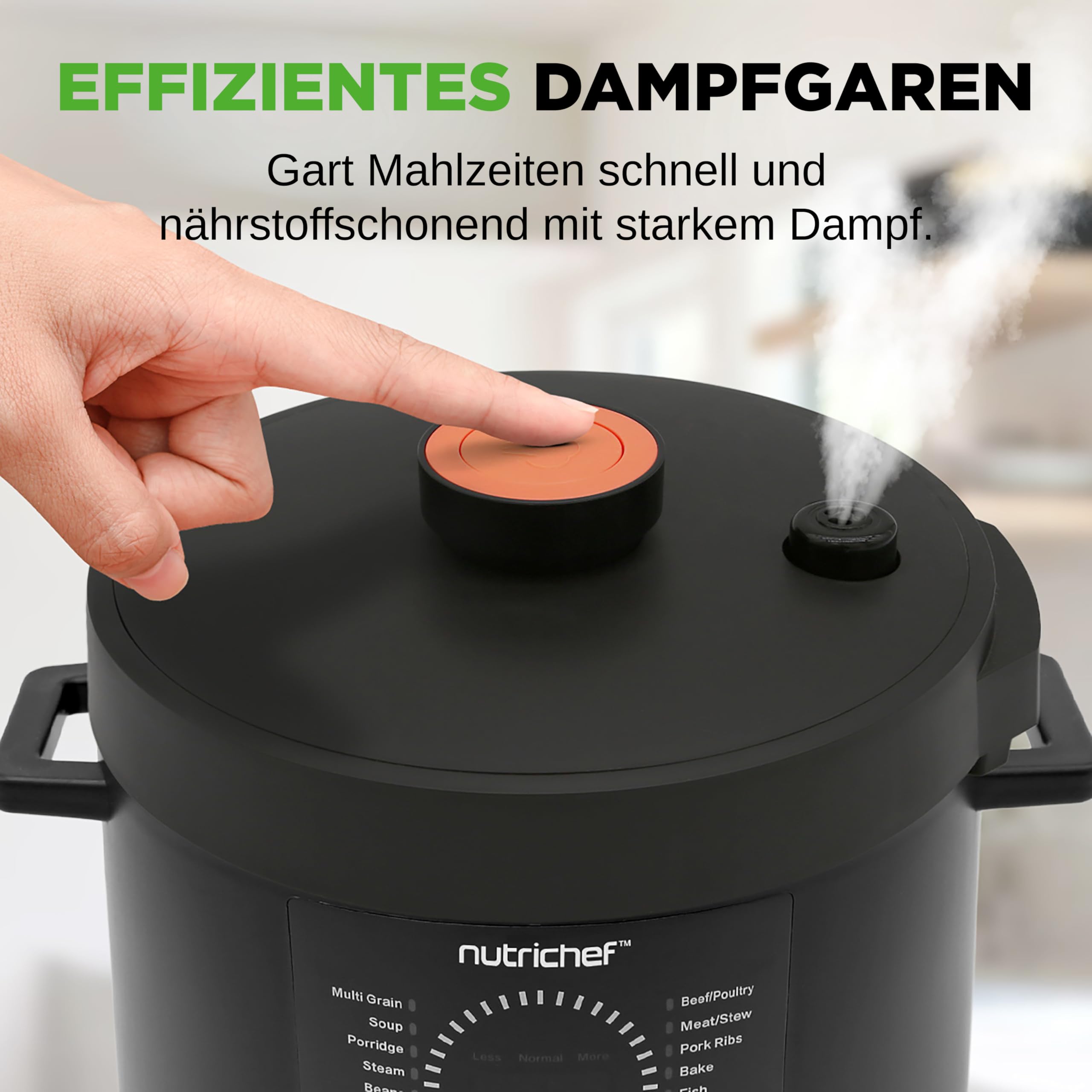 NutriChef Multikocher 5,7 L Elektrischer Schnellkochtopf, 9 Programme, Digitaler Druckkocher, Reiskocher & Dampfgarer, Schwarz