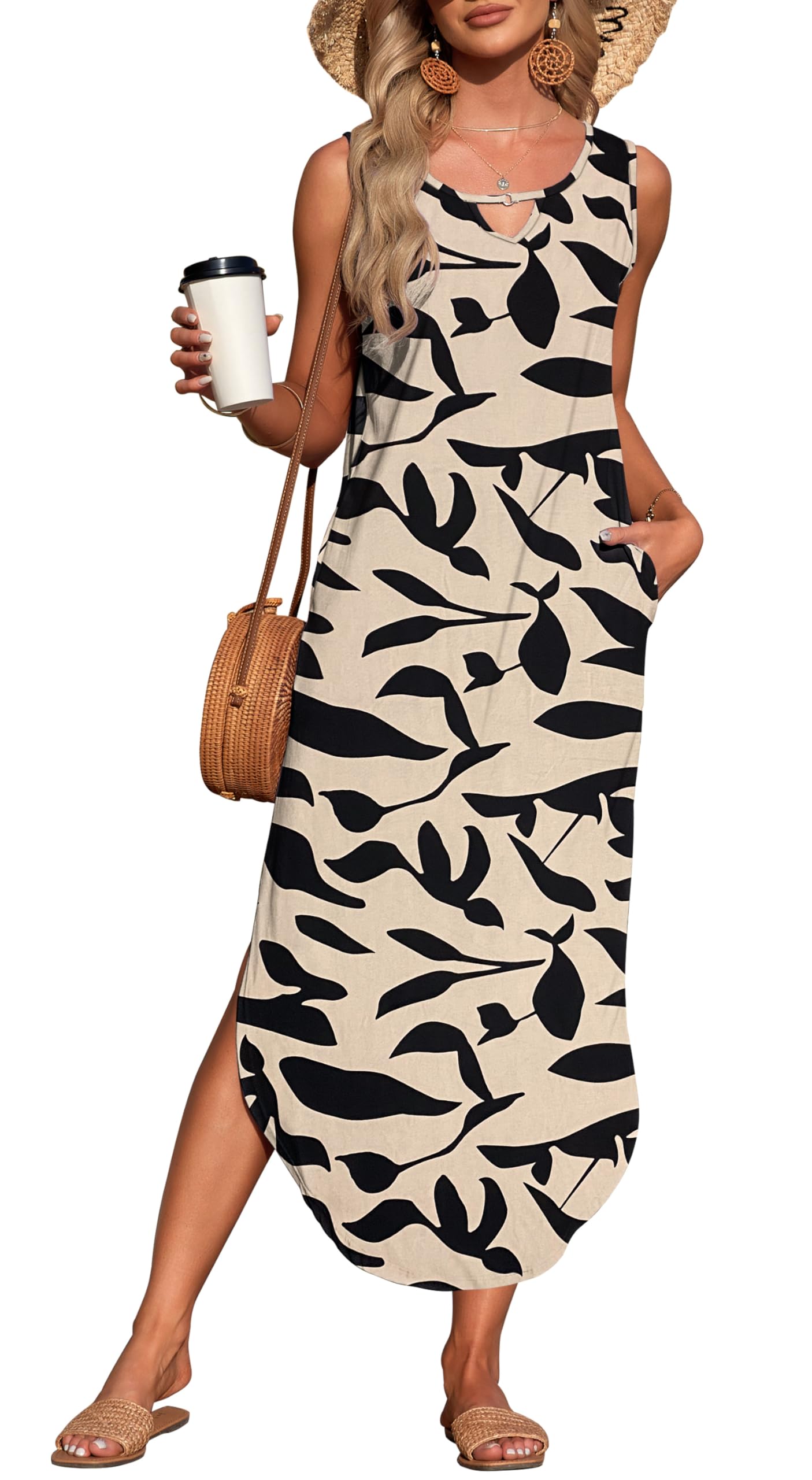 Auselily Women's Apricot Black Leaf Summer Maxi Dresses For Uk Sleeveless Halter Loose Beach Split Dresses With Pockets L