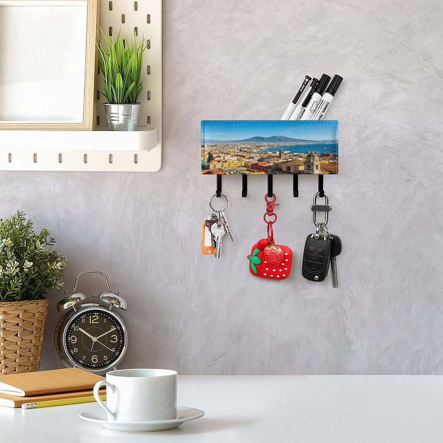 Key Holder Wall Mount Key Hanger with 5 Hooks, Decorative Key Rack | City And Sea Hanging Key Hooks with Mail Organizer for Wall Living Room Kitchen Bathroom Hallway