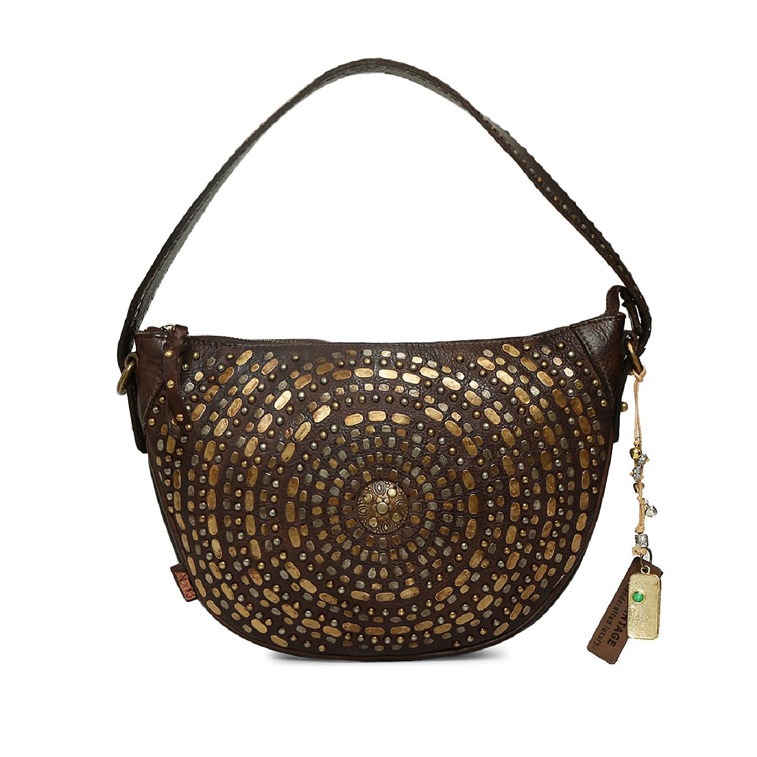 art n vintage Vintage Studded Real Leather Shoulder Bag for Women | Handcrafted Hobo Bag with Adjustable Strap | Rustic Brown Leather Handbag with Zip Closure | Everyday Casual & Travel Purse-picture-12