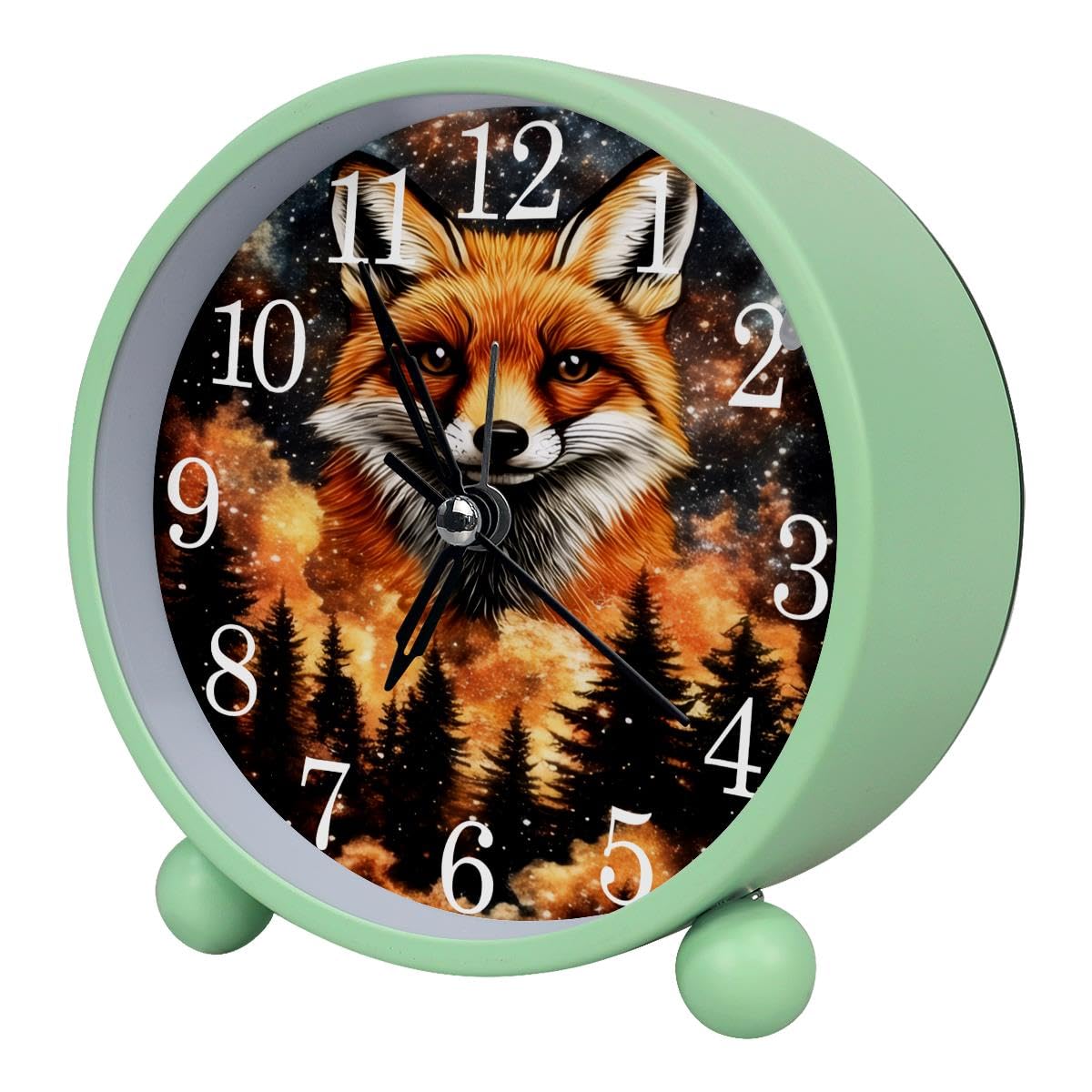 Luoweisi Alarm Clock Fox Nebula Forest, Silent Non-Ticking with Night Light, Round Metal Alarm Clock for Office, Battery Operated, Bedroom, Elderly, Adults, Children, Student Gifts