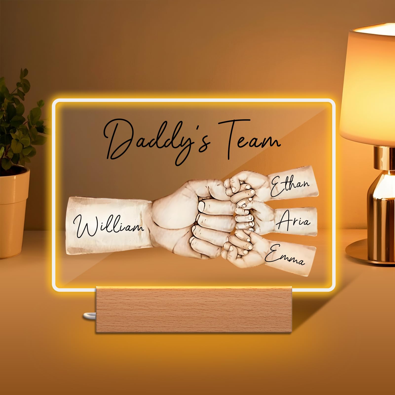 Personalised Fathers Day Gift, Custom Daddy's Team Fist Bump LED Night Light with 1-5 Kids' Names, Unique Presents for Dad, Grandpa, Husband | Daddy Gifts for Birthday, First Time Dad, Home Decor