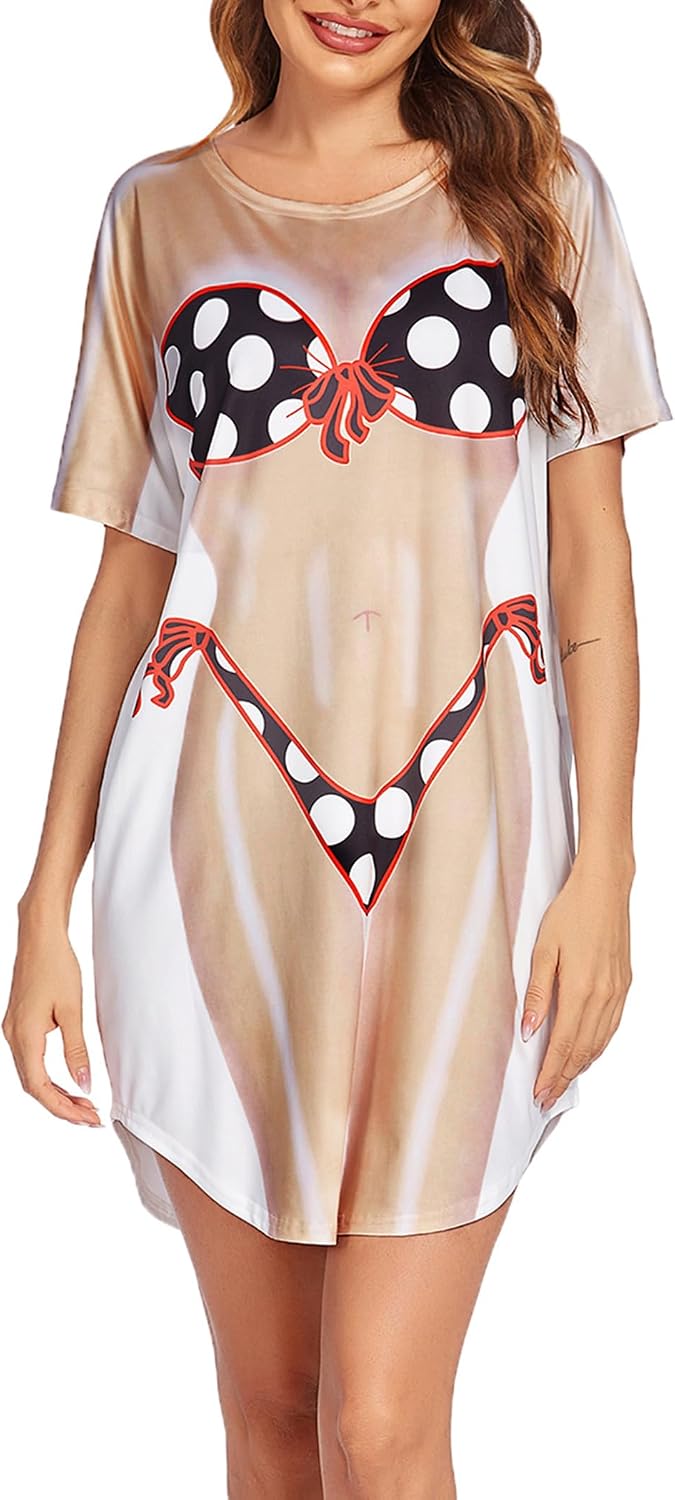 Ekouaer Women's Bikini Shirt Cover Up Short Sleeve Cute Bikini Print Cover-Up Baggy T Shirt Dress Fun Wear image 3