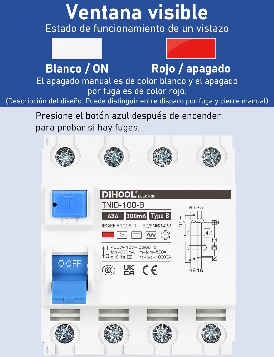 DIHOOL RCD Type B Disjoncteur de courant résiduel DIN Rail 4 pôles 63A 300mA
