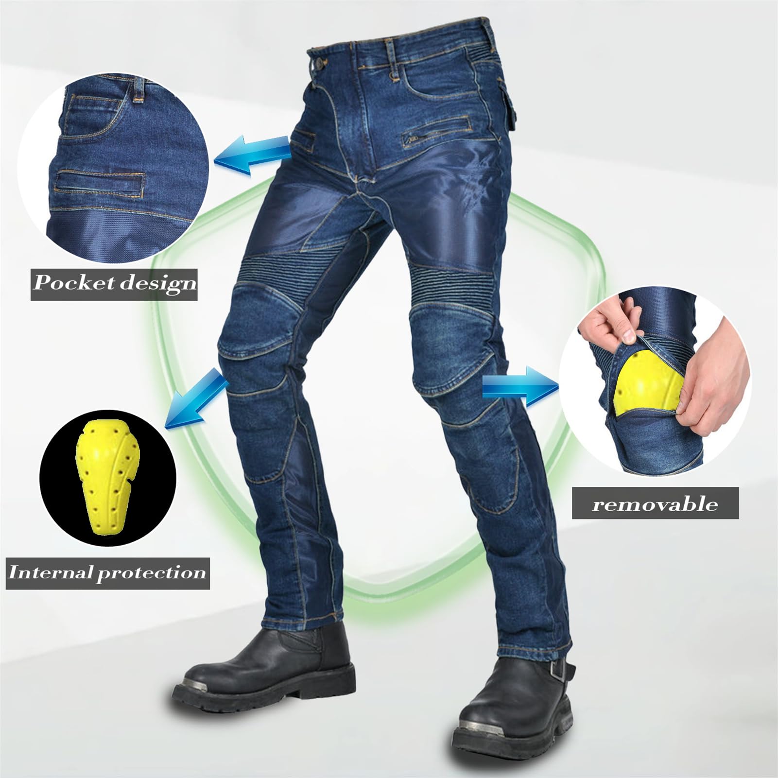 Pantaloni da Moto da Uomo, Jeans protettivi da Moto da Uomo Traspiranti Pantaloni da Corsa Elasticizzati da Motocross da Equitazione corazzati con 4 Armature Rimovibili (Blue,XL)