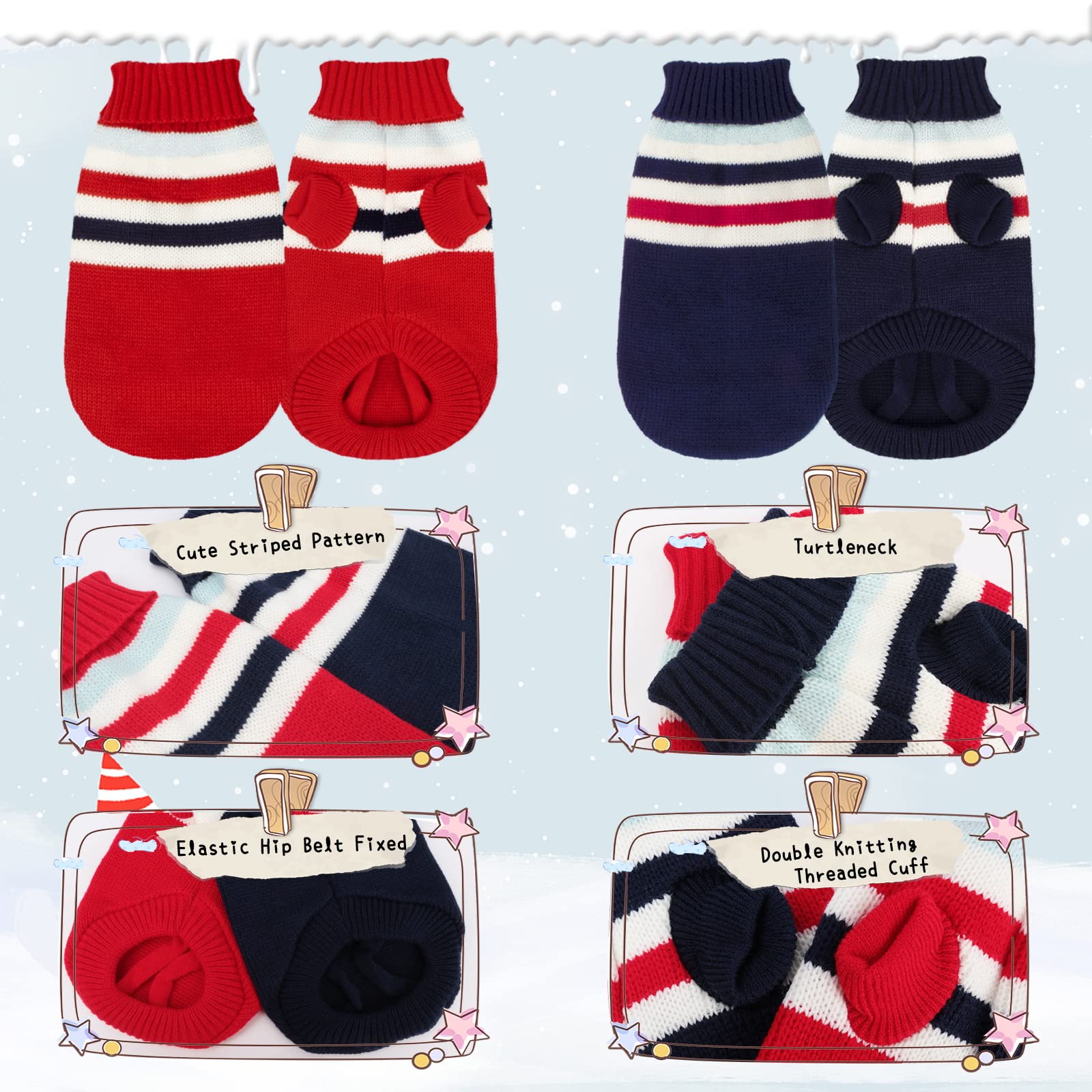 Rypet 2 paquetes de suéter de gato a rayas – suéter de punto cálido cuello alto gato ropa de invierno para gatitos y perros pequeños XS