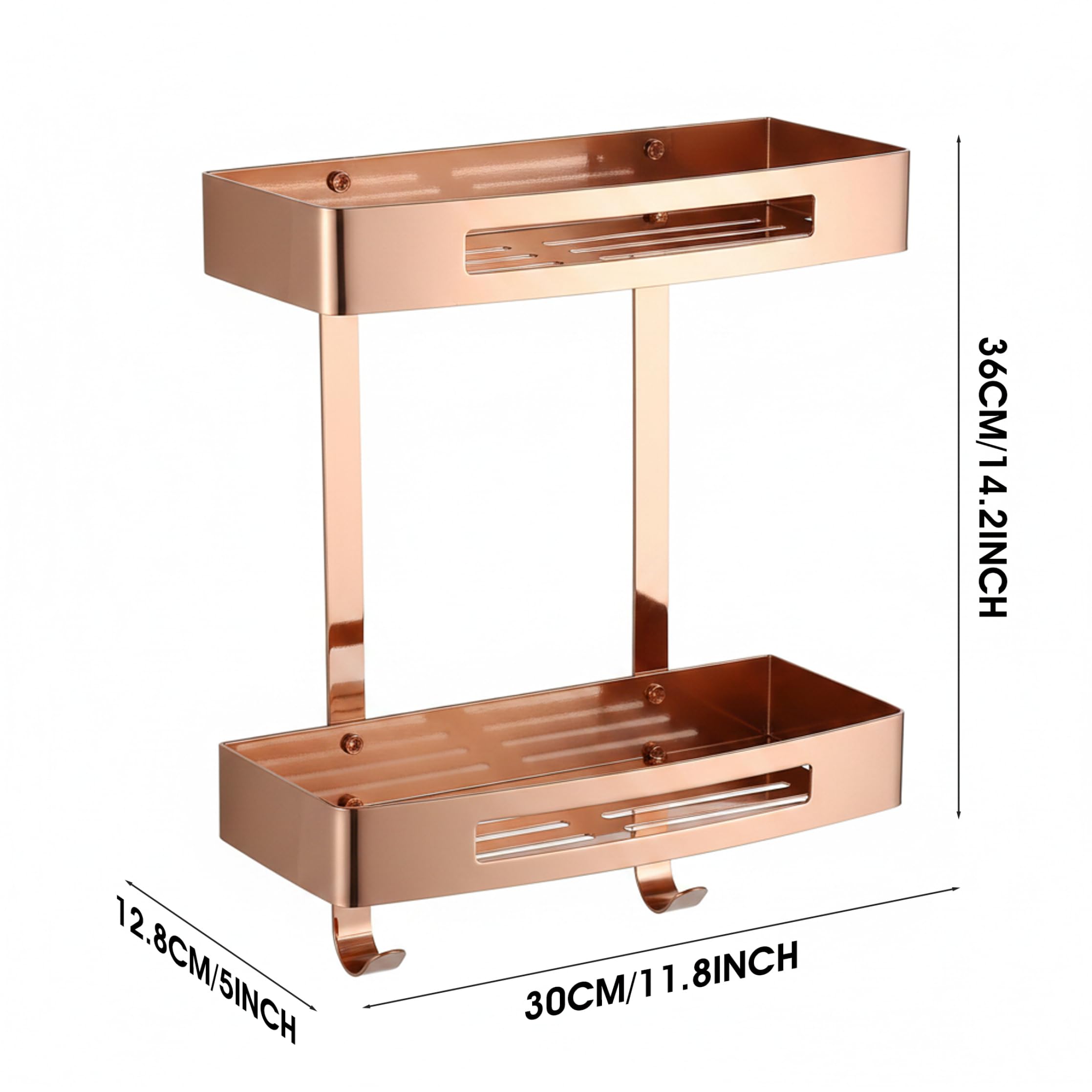 Estante de pared para baño, carrito de ducha de doble nivel, estante de esquina de baño adhesivo de acero inoxidable 304, organizador de pared sin taladro con ganchos, oro rosa, adhesivo, para