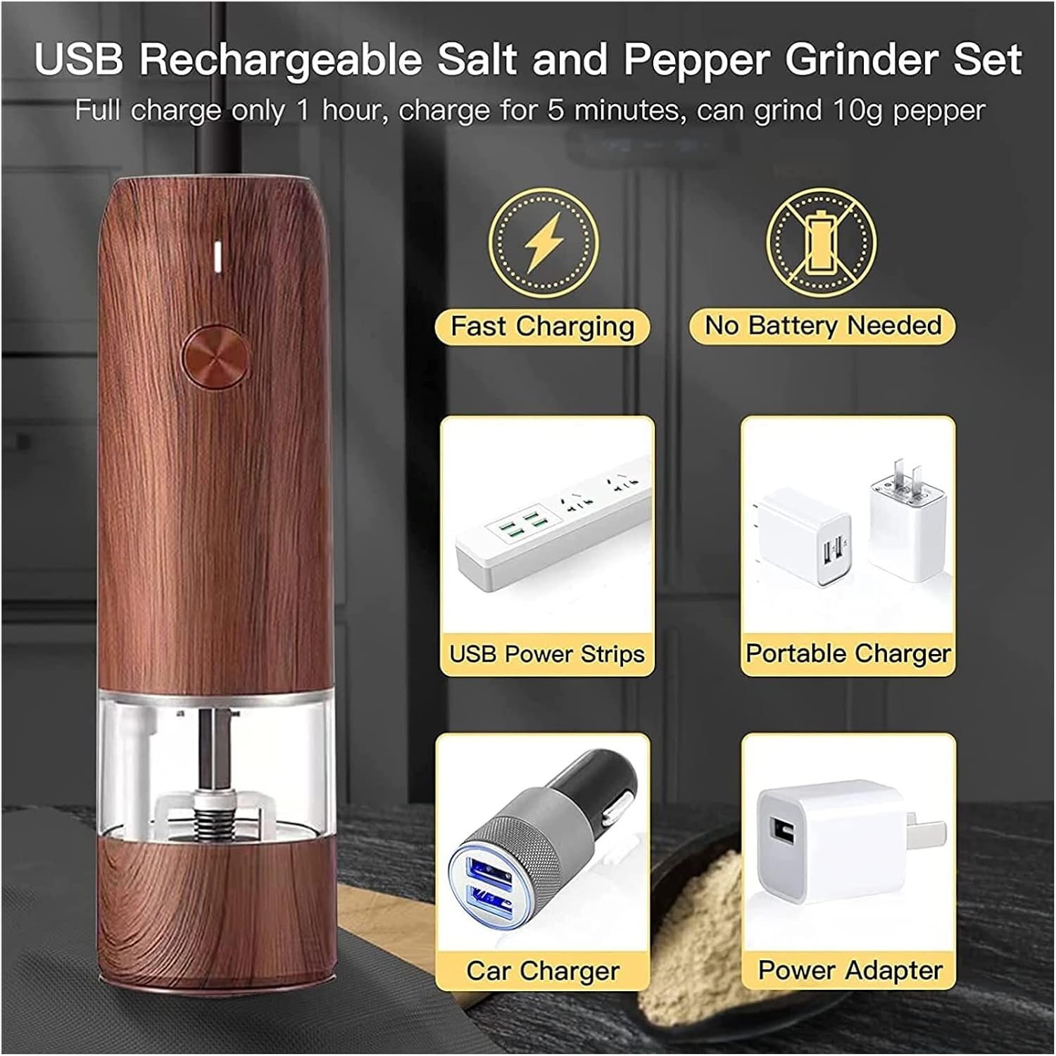 ペッパーミル LEDライト付き充電式ペッパーミル、USB電源片手プッシュボタンペッパーコーングラインダー ペッパーミル ソルト