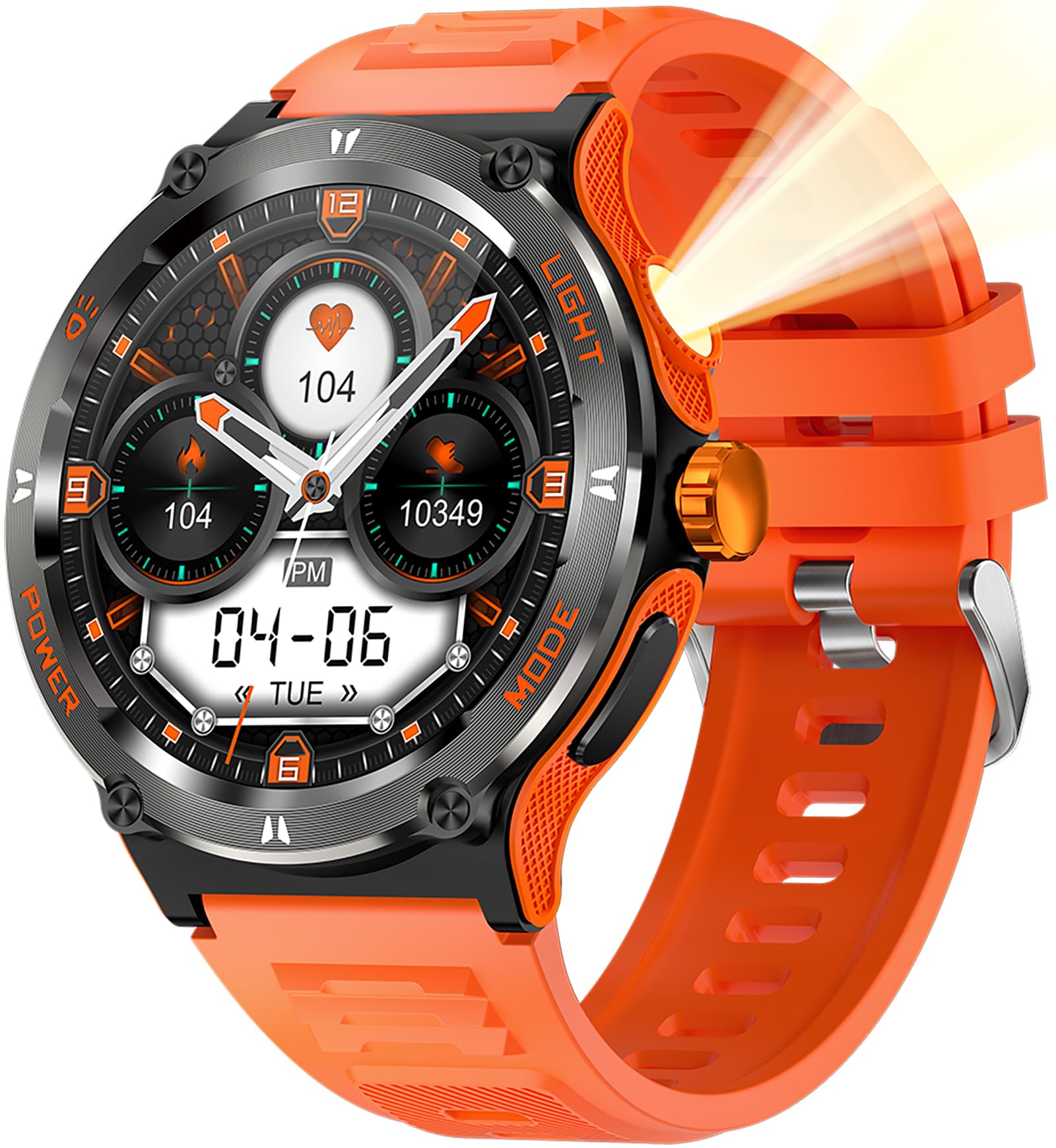 smartwatch bussola, orologio militare, robusto smartwatch con torcia a LED, funzione telefonica, frequenza cardiaca 24H, orologio fitness per Android iOS