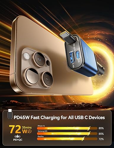 Miniatura 2 de Cargador de coche USB C retráctil de 72 W - PD de 45 W carga súper rápida para iPhone 16 15 ultracompacto, 75% menos espacio Adaptador de cargador
