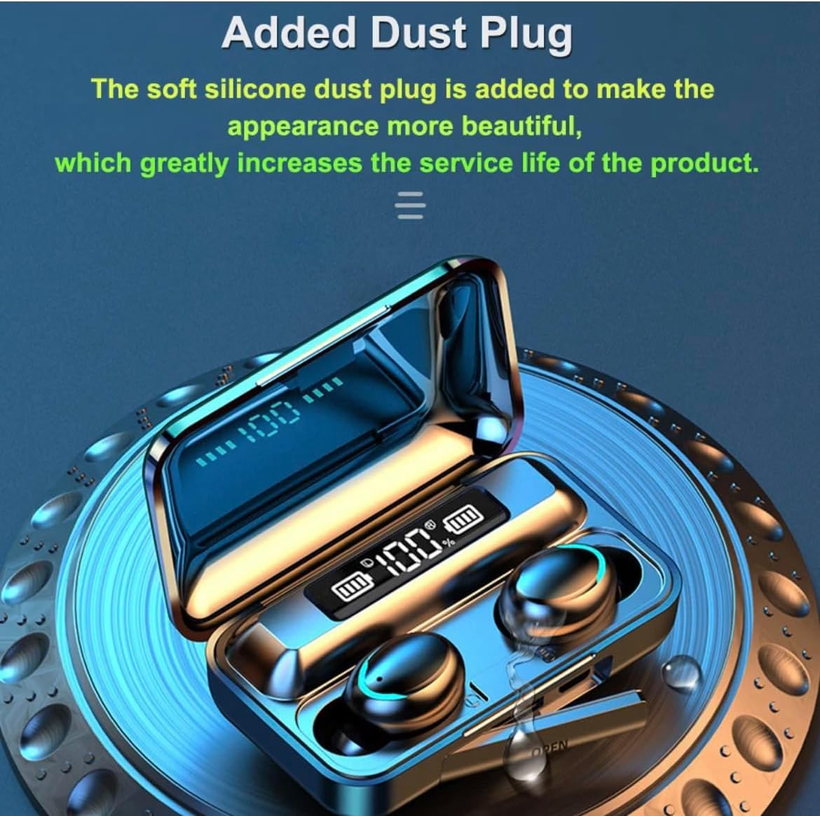 Image showing the charging case with a soft silicone dust plug added to the charging port, highlighting its benefit for appearance and product lifespan.